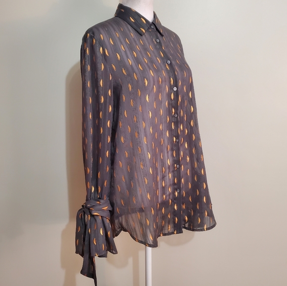 Banana Republic Dillion hunter green copper foil detail chiffon button blouse S - Picture 3 of 12